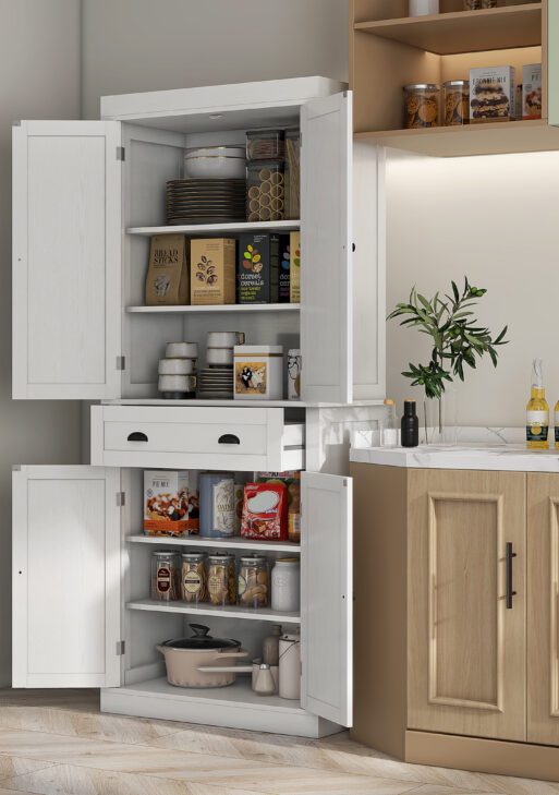 72.5" Kitchen Cabinet, Pantry Storage Cabinet with Doors and Shelves, Freestanding Food Pantry Cabinet, White Wood Grain