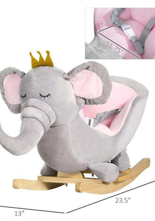 Baby Rocking Horse Elephant Rocking Chair Toddler Rocker Toy with Sound Wooden Base Seat Safety Belt for 1.5-3 Year Old, gray