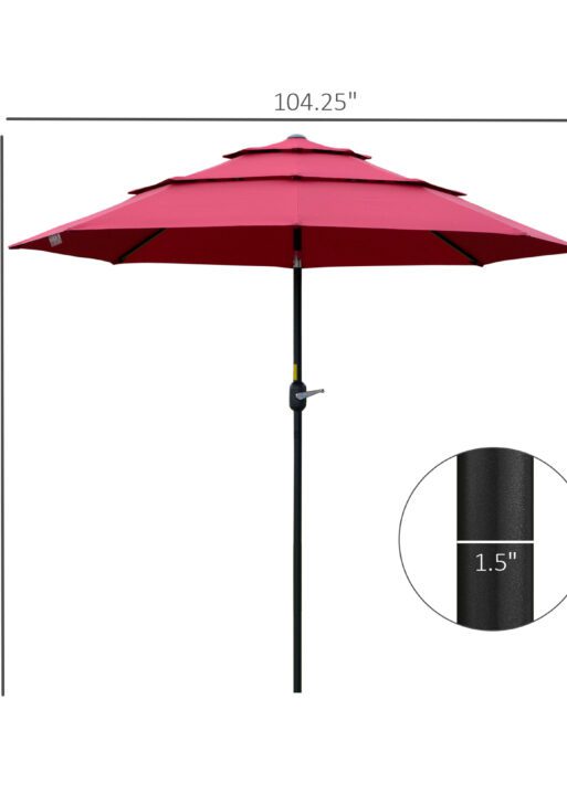 9FT 3 Tiers Patio Umbrella Outdoor Market Umbrella with Crank, Push Button Tilt for Deck, Backyard and Lawn, Wine Red