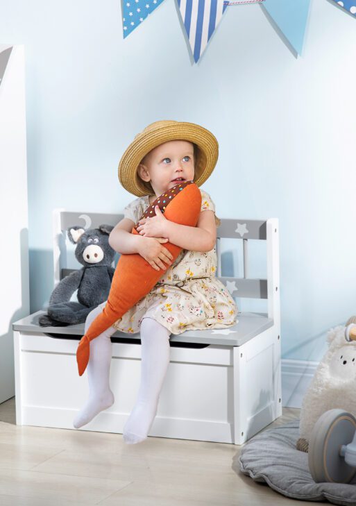 Toddler Toy Box Storage Bench with Large 27 L Interior, Kids Storage Bench Seat with Storage for Toddler Playroom Furniture, Kids Bedroom Furniture, Toy Organizer and Storage Bin, Gray