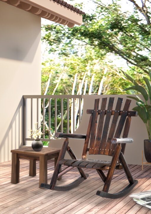 Outdoor Wooden Rocking Chair, Single-Person Rustic Adirondack Rocker with Slatted Seat, High Backrest, Armrests for Patio, Garden and Porch, Brown