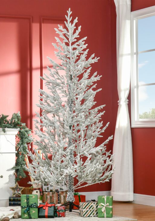7 Foot Snow Flocked Artificial Christmas Tree with 240 Fir Realistic Branches, Auto Open, Green