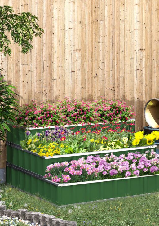 3 Tier Raised Garden Bed Outdoor Metal Patio Planter Box with Gloves, 4' x 4' x 2' for Backyard, Patio to Grow Vegetables, Herbs, and Flowers, Green