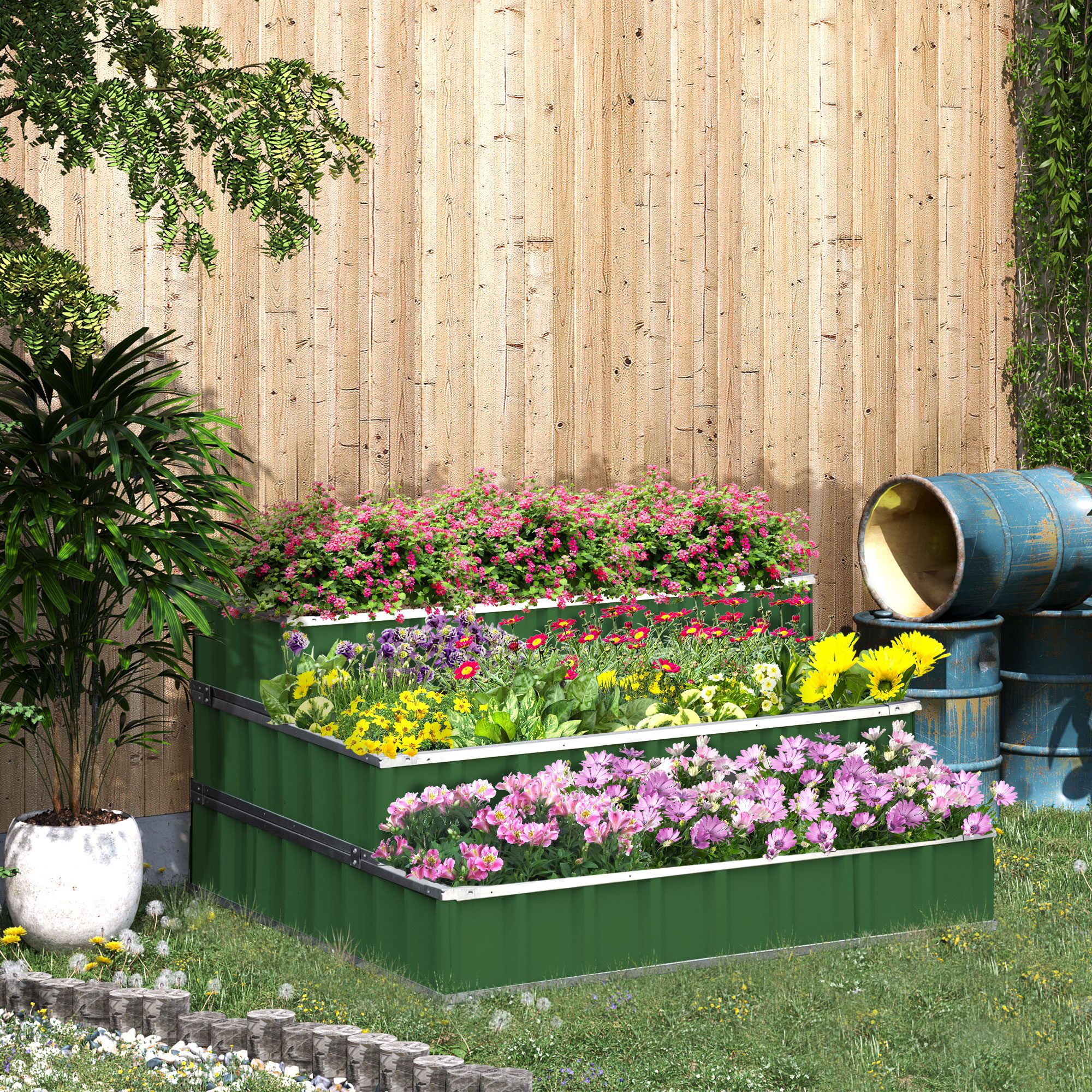 3 Tier Raised Garden Bed Outdoor Metal Patio Planter Box with Gloves, 4' x 4' x 2' for Backyard, Patio to Grow Vegetables, Herbs, and Flowers, Green