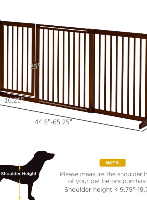 Freestanding Length Adjustable Wooden Pet Gate with Lockable Door 3 Panels, Brown