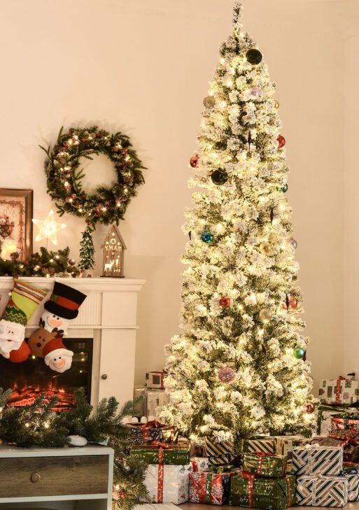 7.5ft Pre-Lit Snow-Flocked Slim Douglas Fir Artificial Christmas Tree with Realistic Branches, 350 LED Lights and 641 Tips