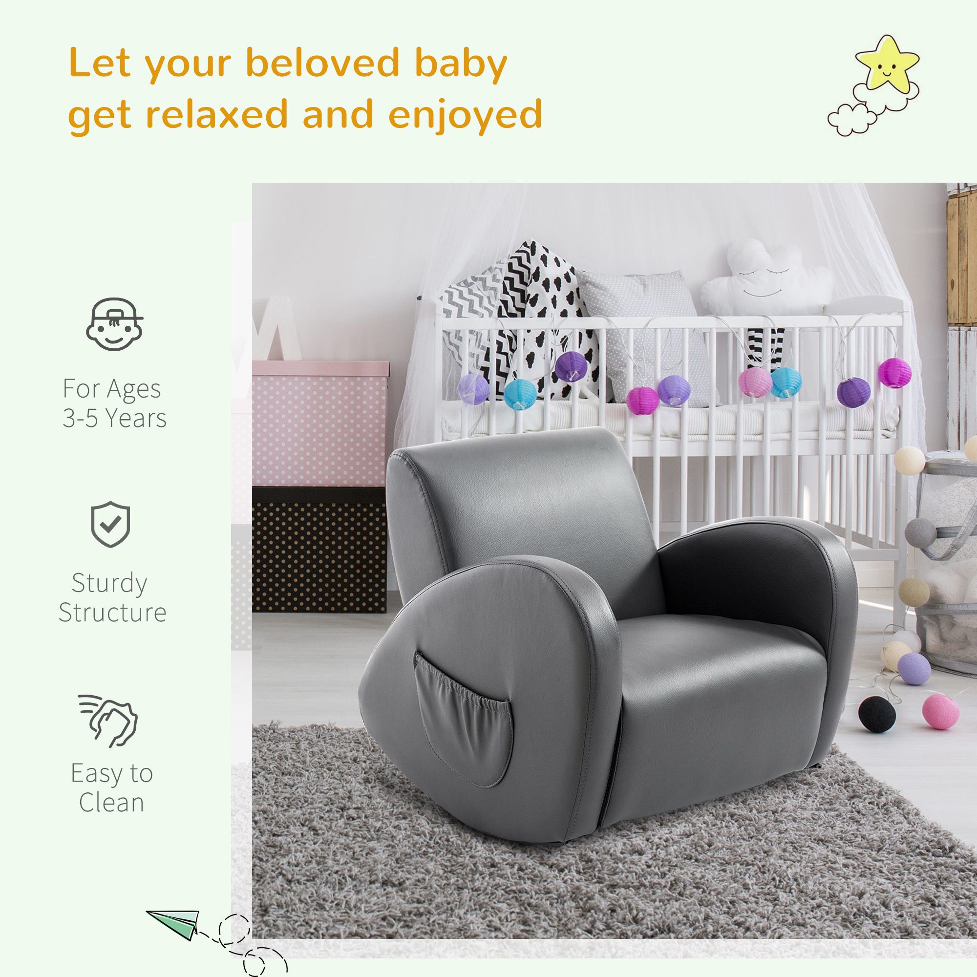 Kids Sofa Rocking Chair with Side Pocket, PU Leather Toddler Armchair for Children Grey - Image 3