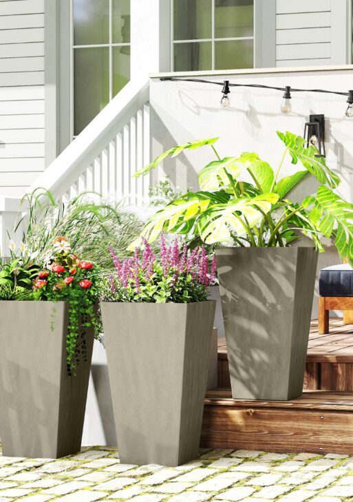 Tall Planters for Outdoor Plants Set of 3, 28 In Taper Planters with Drainage Holes, Indoor Grande Plant Pots, Front Porch Decor, Grey