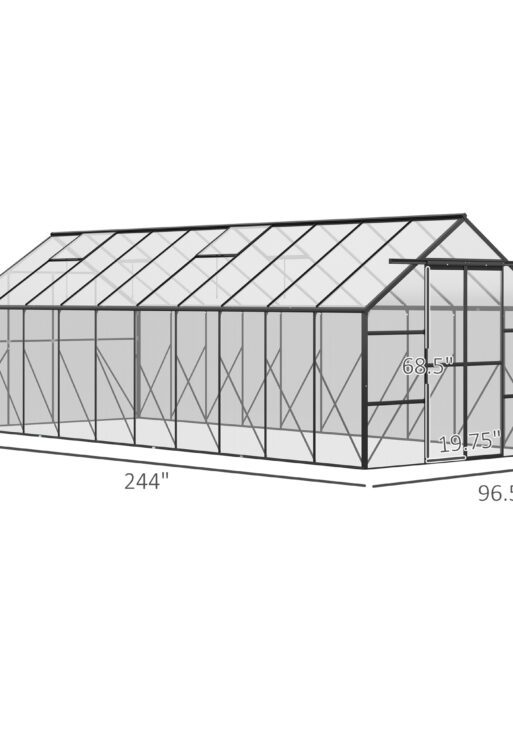 20' x 8' Aluminum Greenhouse Polycarbonate Walk-in Garden Greenhouse Kit with Adjustable Roof Vent, Rain Gutter and Sliding Door for Winter, Clear