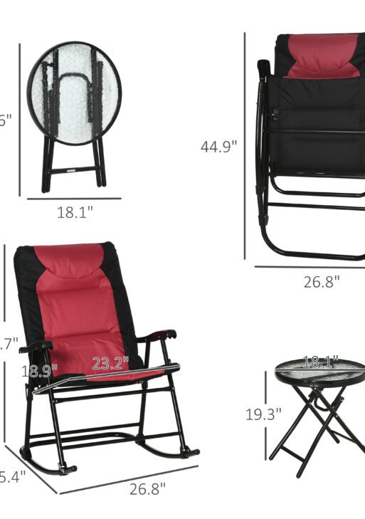 3 Piece Outdoor Patio Furniture Set with Glass Coffee Table & 2 Folding Padded Rocking Chairs, Bistro Style for Porch, Camping, Balcony, Red