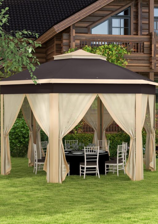 13' x 13' Pop Up Gazebo Hexagonal Canopy Shelter with 6 Zippered Mesh Netting for Patio, Backyard, Garden, Wedding, Party, Beige
