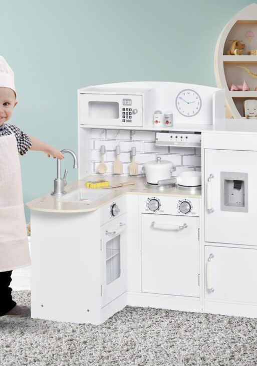 Corner Kids Kitchen Playset, Wooden Pretend Toy Kitchen Set with Drinking Fountain, Microwave, Fridge and Accessories, Pretend Play Kitchen for 3+ Years, White