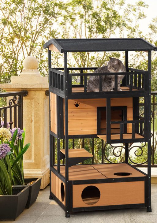 Wooden Outdoor Cat House, Feral Cat Shelter Kitten Condo with Asphalt Roof, Escape Doors, Condo, Jumping Platform, Yellow