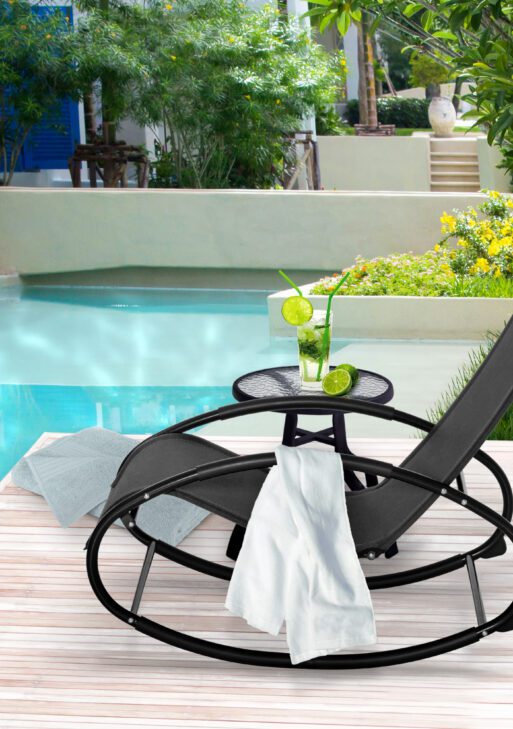 Pool Lounger, Outdoor Rocking Lounge Chair for Sunbathing, Pool, Beach, Porch with Pillow & Cool Mesh, Sun Tanning Rocker, Black
