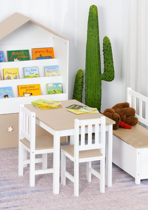 4-Piece Kids Table and Chair Set, with 1 Storage Bench and 2 Matching High Back Chairs, Natural & White