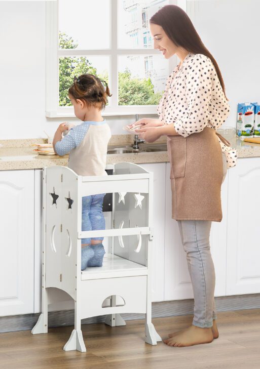 2 in 1 Kids Foldable Kitchen Step Stool, Toddler Standing Tower with Chalkboard and Lockable Handrail for Children 3-6 Years Old, White