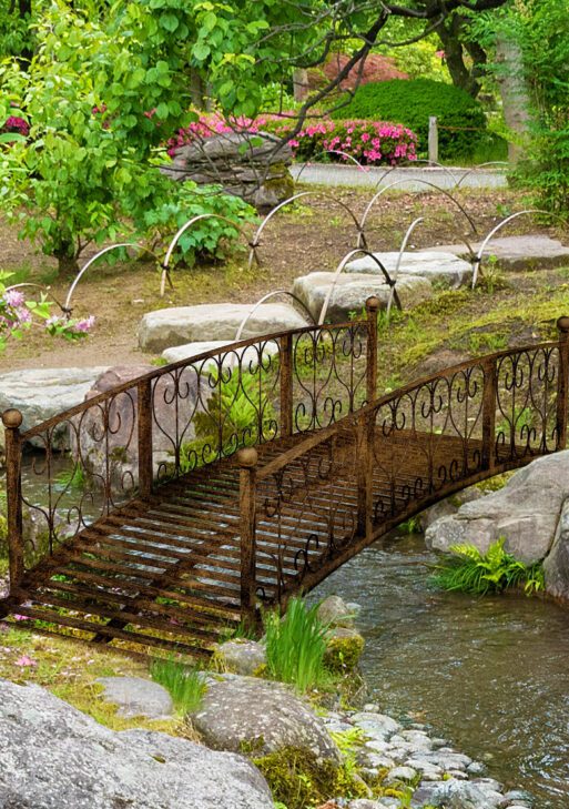 7' Metal Arch Garden Bridge Arc Footbridge with Side Railings Decorative Scrollwork, Bronze