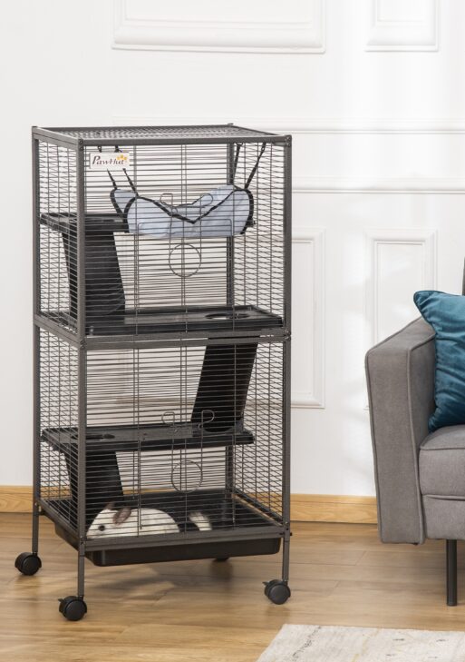 Metal Small Animal Cage Rolling Big Ferret Cage, Chinchilla Cage, Sugar Glider Cage, with Hammock & 4 Tiers, Removable Tray, Gray