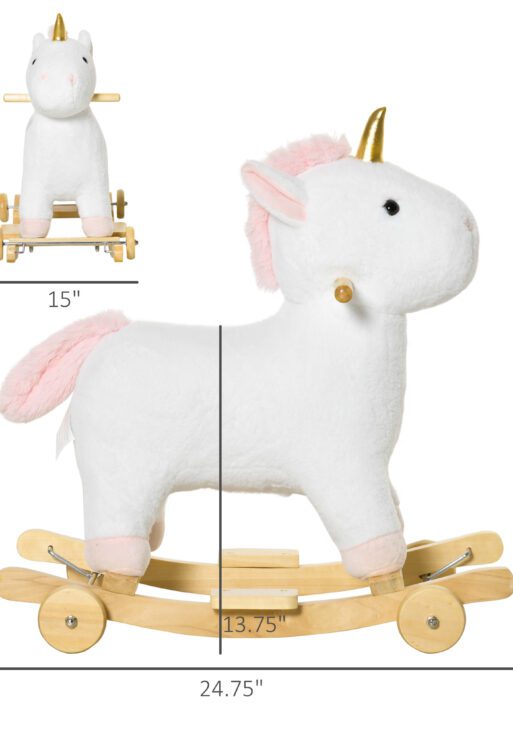 2 in 1 Kids Rocking Horse, Rolling Unicorn with Sound, Wooden Base, Pedal, Grip Handle, for 3-6 Years Old, White