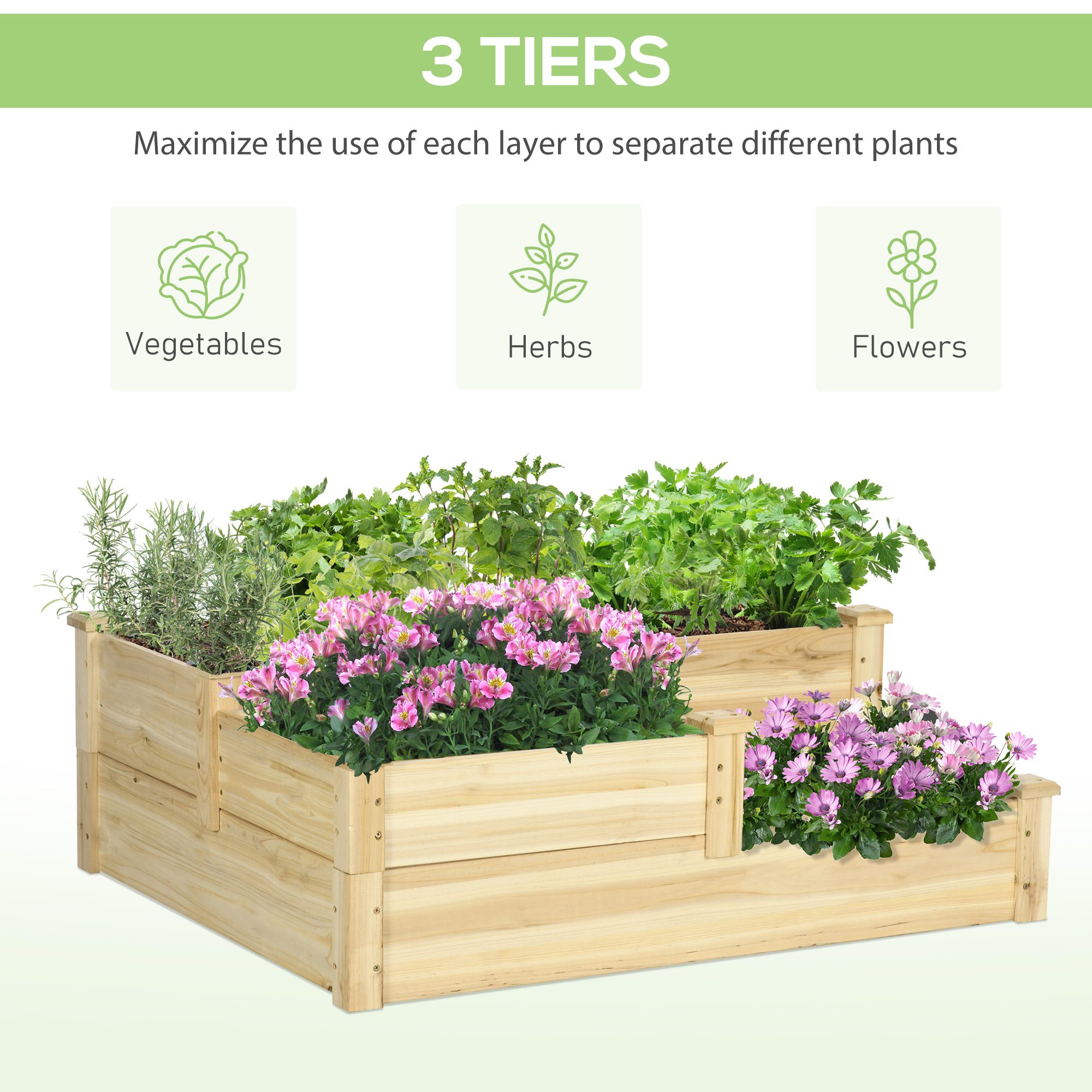 3 Tier Raised Flower Bed Outdoor Planter Box Wooden Garden Bed, Open Bottom for Plants, 42.5"x34.75"x14.25", Natural - Image 2