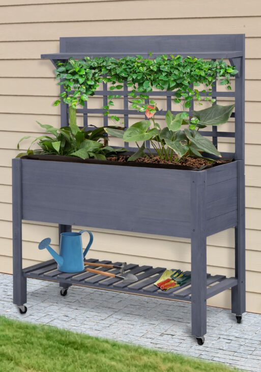41" Raised Garden Bed Mobile Elevated Wooden Planter Box Stand with Wheels, Trellis and Storage Shelf, Gray