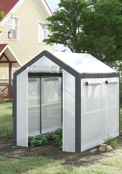 Outdoor Walk-In Tunnel Greenhouse with Roll-up Windows, Zippered Mesh Door, & Weather Cover, 8' x 6' x 7.4'