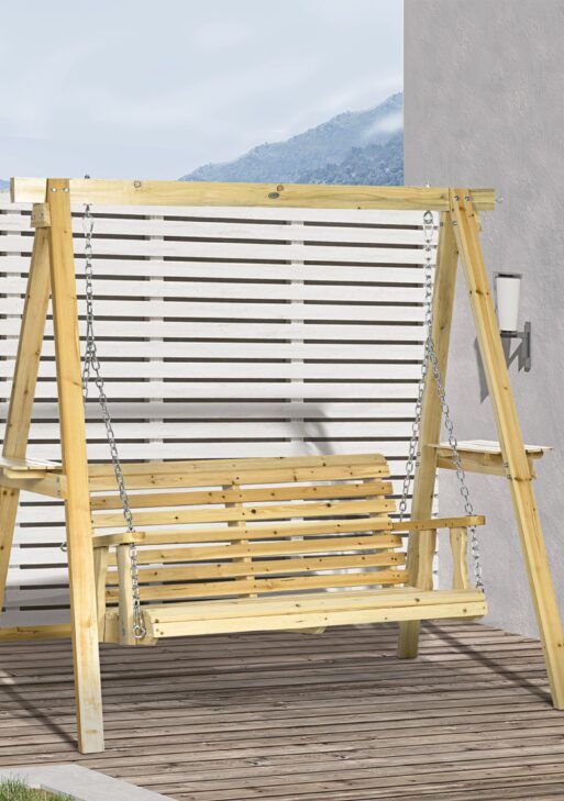 2-Seat orch Swing with Stand, Wooden Patio Swing Chair with Side Tables and Metal Chains, Outdoor Hanging Bench for Garden, Poolside, Backyard, Natural Wood