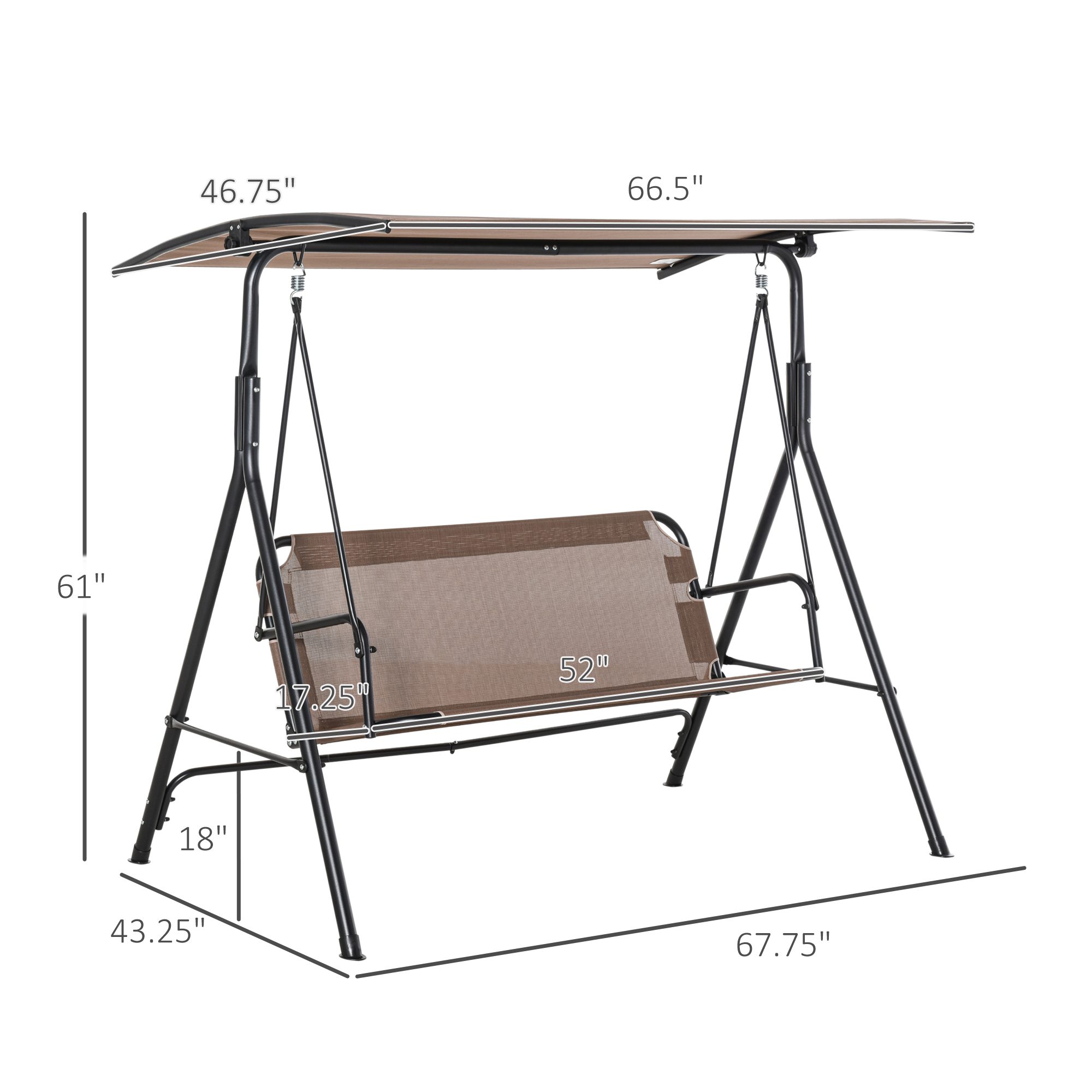 2-Seater Patio Swing Chair, Outdoor Adjustable Canopy Porch Swing with Armrests, Texeline Fabric and Steel Frame, Brown - Image 1
