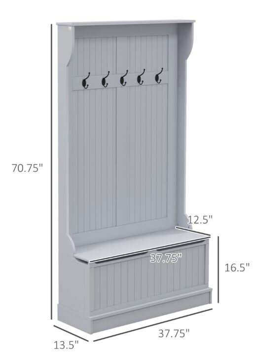 3-In-1 Entryway Bench with Coat Rack, Hall Tree with Bench and Shoe Storage, 5 Hooks for Hallway