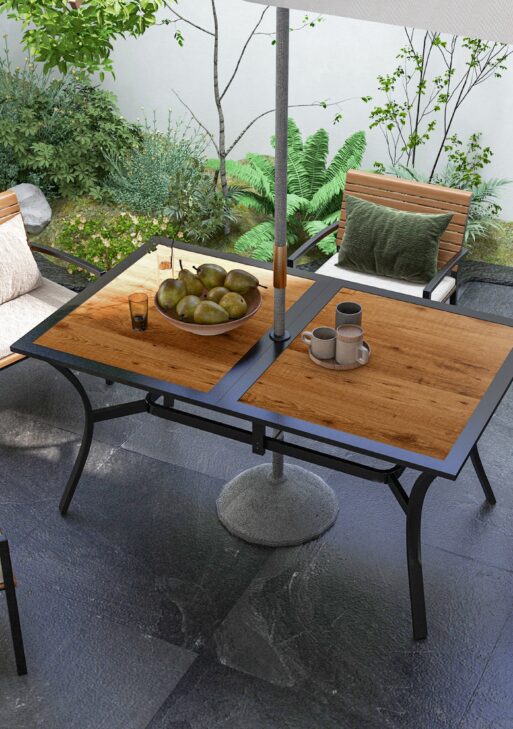 Rectangular Patio Table with Umbrella Hole, Faux Wood Rectangle Outdoor Dining Table for 6 People for Garden, Brown