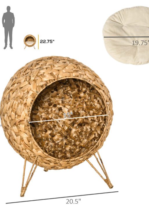 20.5" Weaved Cat Bed, Elevated Hand-woven Braided Banana Leaf Kitten House Condo with Cushion, Natural