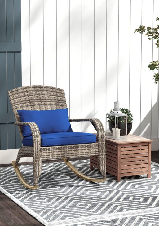 Adirondack Chair, Outdoor Wicker Rocking Chair with High Back, Seat Cushion, and Pillow for Porch, Balcony, Dark Blue