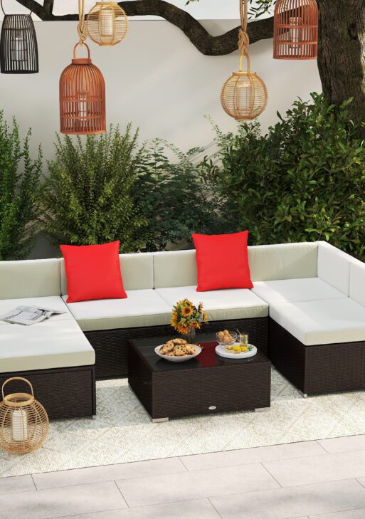 7 Piece Outdoor Patio Sofa Set with Cushions, All Weather PE Rattan, 29.5" Sofa Section, Glass Top Coffee Table for Outdoor Living, Beige