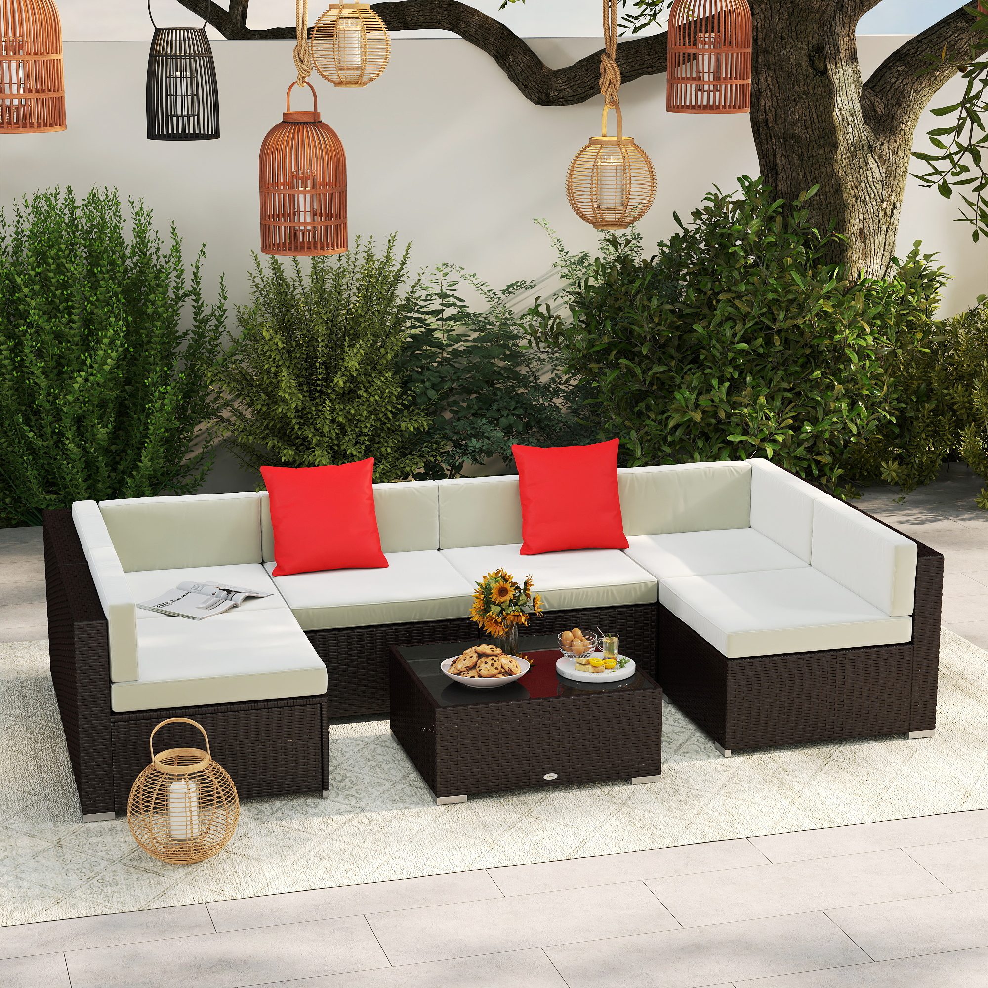 7 Piece Outdoor Patio Sofa Set with Cushions, All Weather PE Rattan, 29.5" Sofa Section, Glass Top Coffee Table for Outdoor Living, Beige