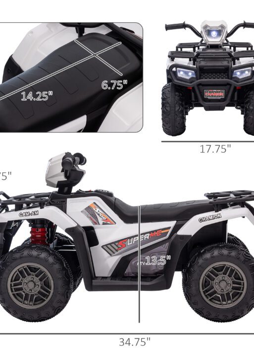 12V Electric Toy Car with Forward Backward Function, Music, LED Headlights, for Ages 3-5 Years, White