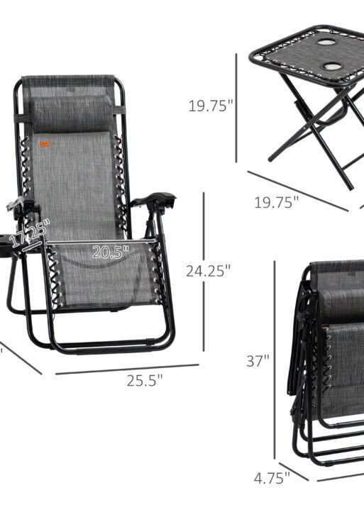 Zero Gravity Chair Set with Side Table, Folding Reclining Chair with Cupholders & Pillows, Adjustable Lounge Chairs for Pool, Backyard, Lawn, Beach, Gray
