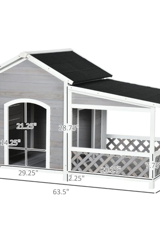 Wooden Dog House Outdoor with Porch, Cabin Style Raised Dog Shelter with Asphalt Roof, Doors, and Shutter Window, for Medium Large Sized Dog, Light Gray