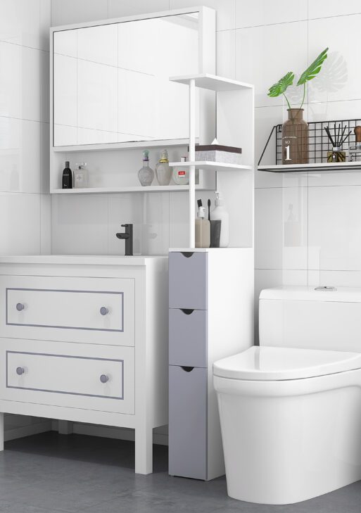 54" Tall Bathroom Storage Cabinet, Freestanding Linen Tower with 2-Tier Shelf and Drawers, Narrow Side Floor Organizer, White