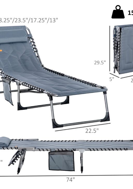 Padded Folding Chaise Lounge Chair, Outdoor 6-Level Reclining Camping Tanning Chair with Headrest for Beach, Yard, Patio, Pool, Gray