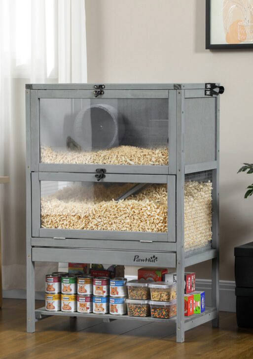 Wooden Hamster Cage with Storage Shelf, Large Rat Mouse Habitat Including Seesaw, Small Animal Cage with Sliding Tray, Wide Ramp for Racing, Running Wheel, 35.5" H