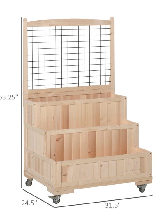 3-Tiers Raised Garden Bed with Trellis, 53" H Vertical Planter Box with Wheels & Back Storage Area, for Flowers, Vegetables, Herbs, Natural