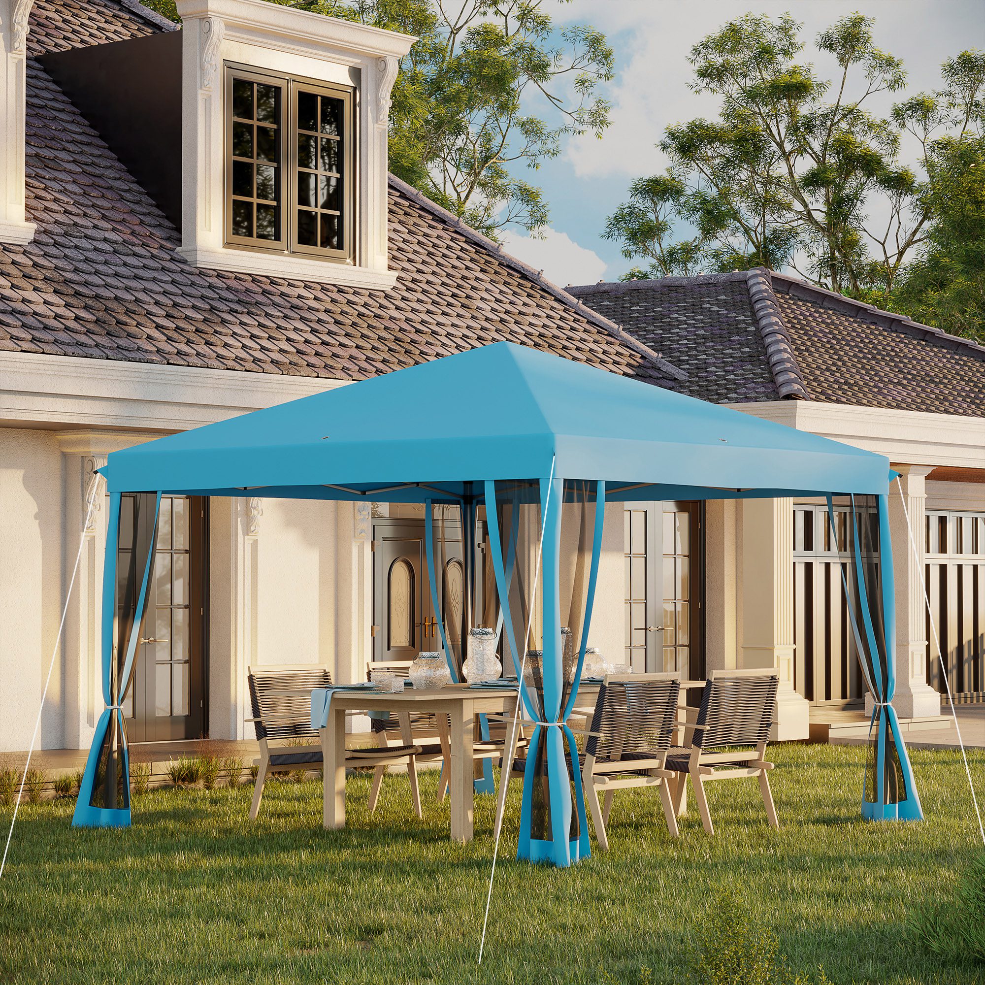 10' x 10' Pop Up Canopy Tent with Netting, Instant Gazebo, Screen House Room with Carry Bag, Height Adjustable, for Outdoor, Garden, Patio, Camping, Light Blue