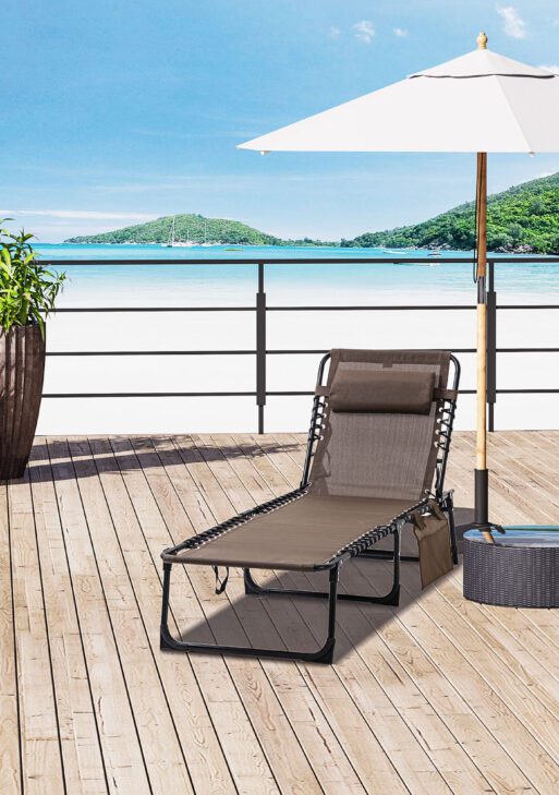 Chaise Lounge Chair Outdoor, 5-Position Adjustable Sun Tanning Chair with Carrying Handle and Side Pocket, Folding Bed Cot with Removable Pillow for Garden, Beach, Patio, Pool, Camp, Brown