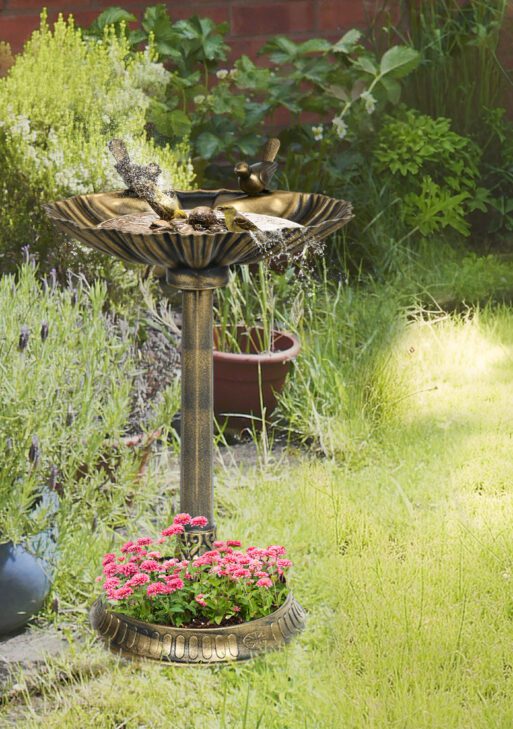 32" Antique Bird Bath Decorative Birdbath Bird Feeder Bowl with Planter Pedestal and Bird Statues, Bronze
