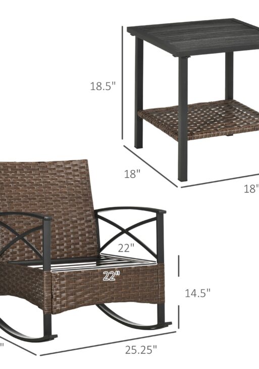 3 Piece Patio Rocking Chair Set, Outdoor Wicker Bistro Set with 2 Oversize Cushioned Porch Rockers and 2 Tier Coffee Table for Garden, Porch, Backyard, Blue