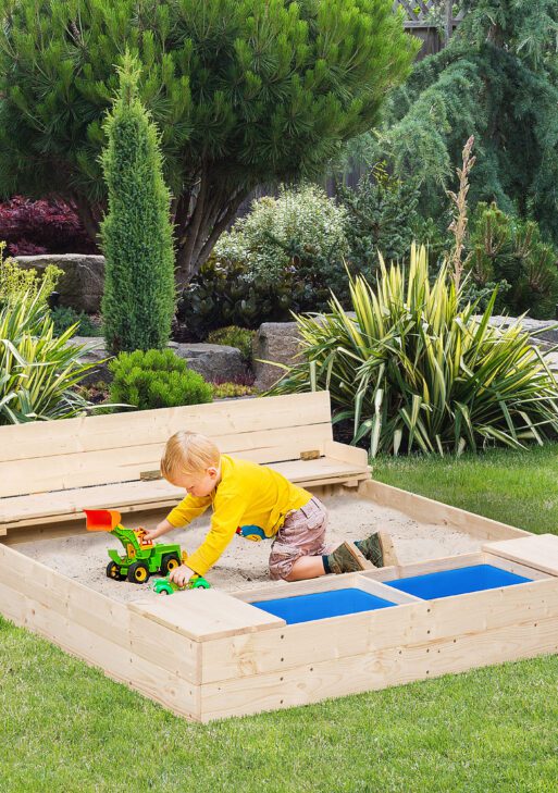 Kids Wooden Sandbox w/ Two Plastic Boxes Foldable Bench Seat Waterproof Cover Bottom Liner Storage Space