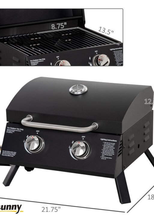 21.75" Charcoal BBQ, Portable Grill with 2 Burners, Heat-Resistant Handle, Folding Legs, Removable Ashtray, Thermometer, Carbon Steel, for Outdoor Cooking, Camping, Black