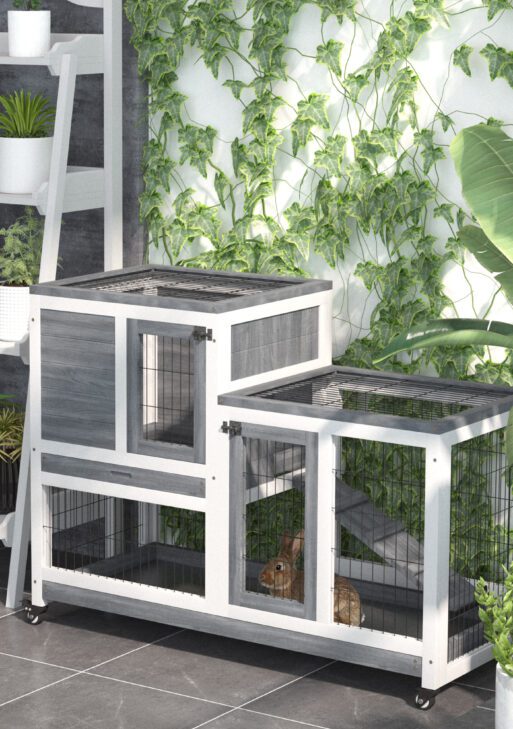Wooden Rabbit Hutch Elevated Bunny Cage Indoor Small Animal Habitat with Enclosed Run with Wheels, Ramp, Removable Tray for Rabbits, Chickens, Ducks, Guinea Pigs, Gray