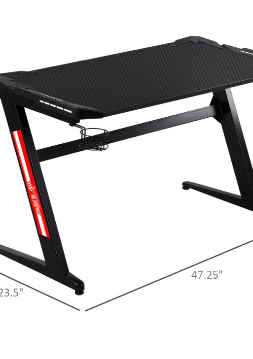 47" Racing Style Gaming Desk, Z-Shaped Computer Table Workstation with LED Lights, Swivel Cup Holder, Headphone Hook and Cable Management Holes for Gamers Home Office, Black