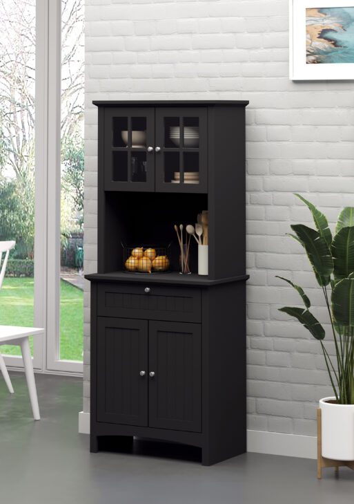 Elegant Buffet with Hutch, Kitchen Pantry Storage Cabinet with Framed Glass Door Drawer and Microwave Space, Black